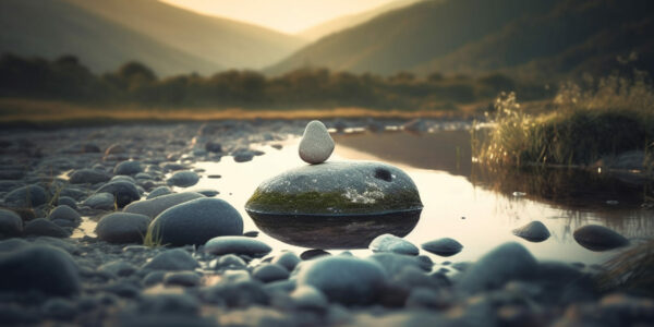 Tranquil scene of stacked stones in water generated by artificial intelligence